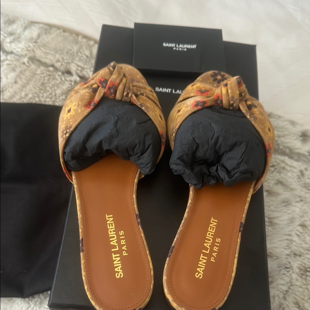 Saint Laurent Tan and Black Sandals with Open Back
